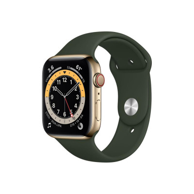 Apple Watch Series 6 GPS + Cellular 44mm Gold Stainless Steel Case w. Cyprus Green Sport B. (M07N3/M09F3)