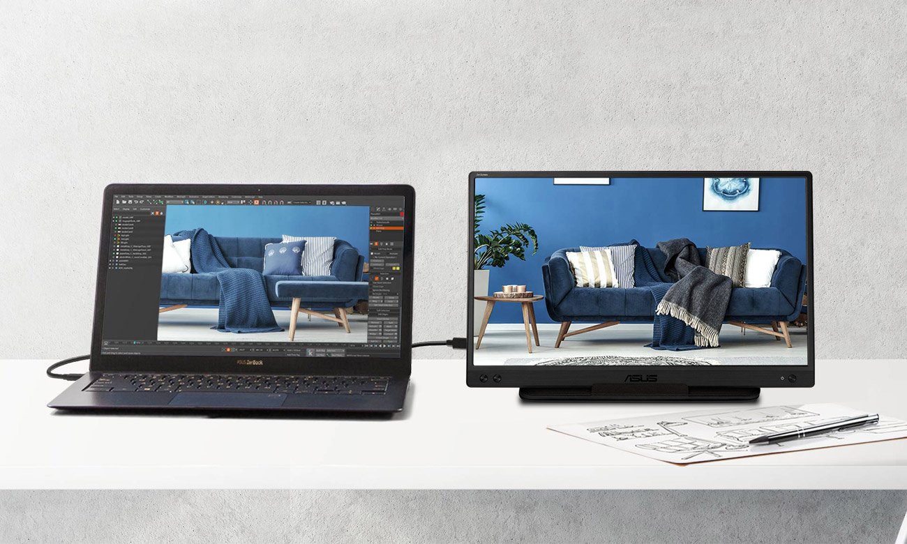 ASUS ZenScreen MB166C підключається до ноутбука за допомогою кабелю USB-C