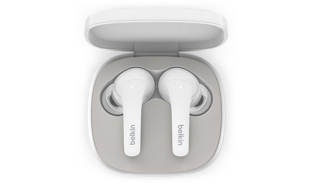 Бездротові навушники Belkin SoundForm Flow White - вид зверху з футляром