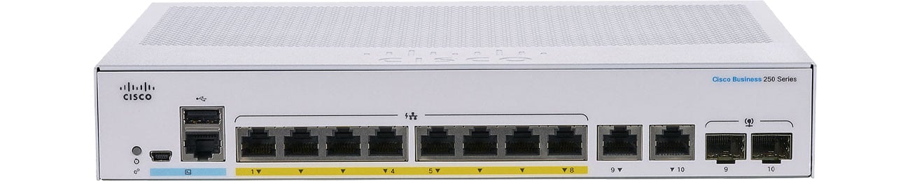 Комутатор Cisco CBS250-8P-E-2G-EU Фронт