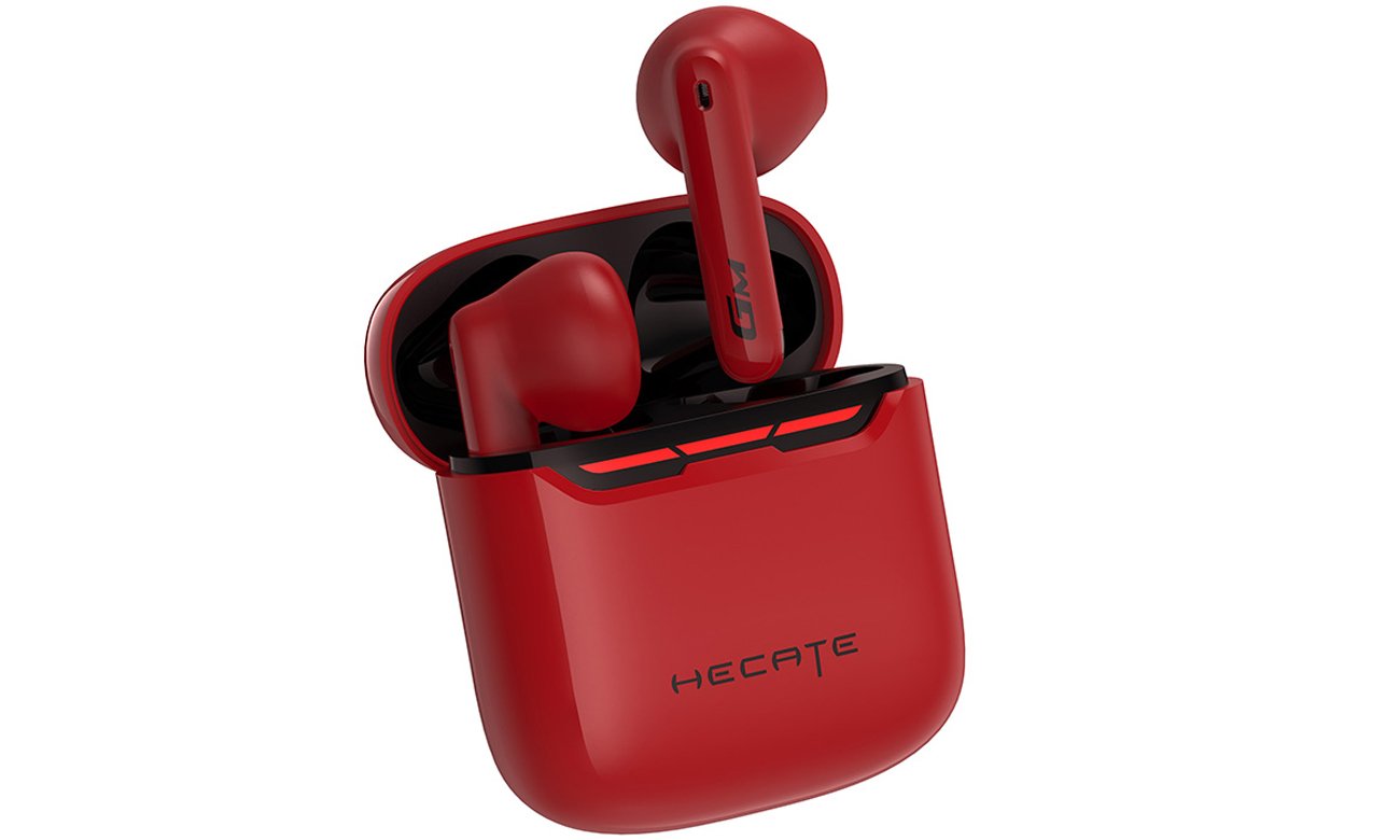 Беспроводные наушники Edifier HECATE GM3 Plus Red – угловой вид спереди с футляром