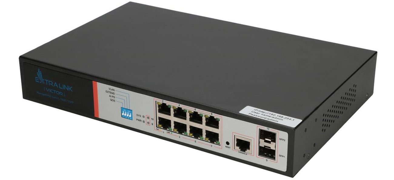 Коммутатор ExtraLink 10p VICTOR 8x10/100/1000Mbit 2xSFP, 8xPoE