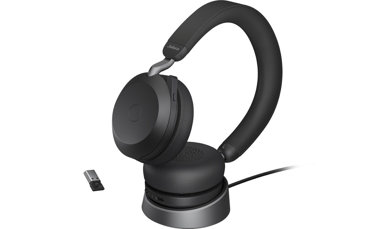 Стереогарнітура Jabra Evolve2 75 UC + док-станція для заряджання + адаптер USB-A - вид спереду під кутом