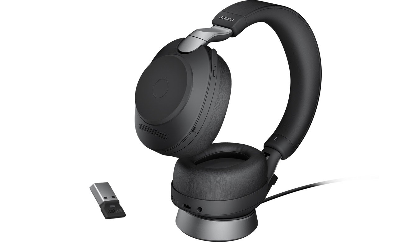 Стереогарнитура Jabra Evolve2 85 UC + адаптер USB-A – угловой вид спереди