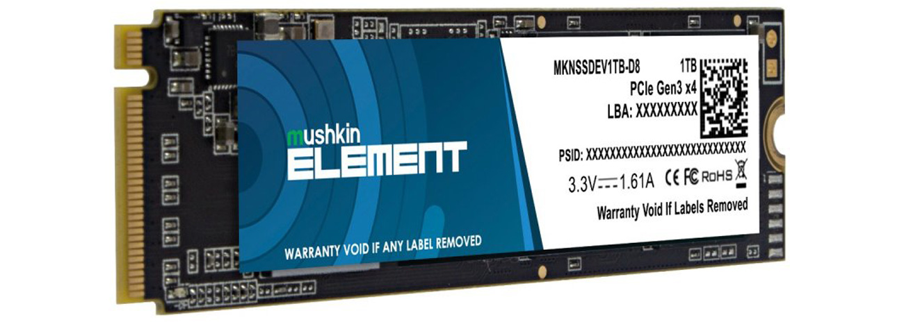 Mushkin Element 1 ТВ M.2 PCIe NVMe SSD – вид спереди под углом