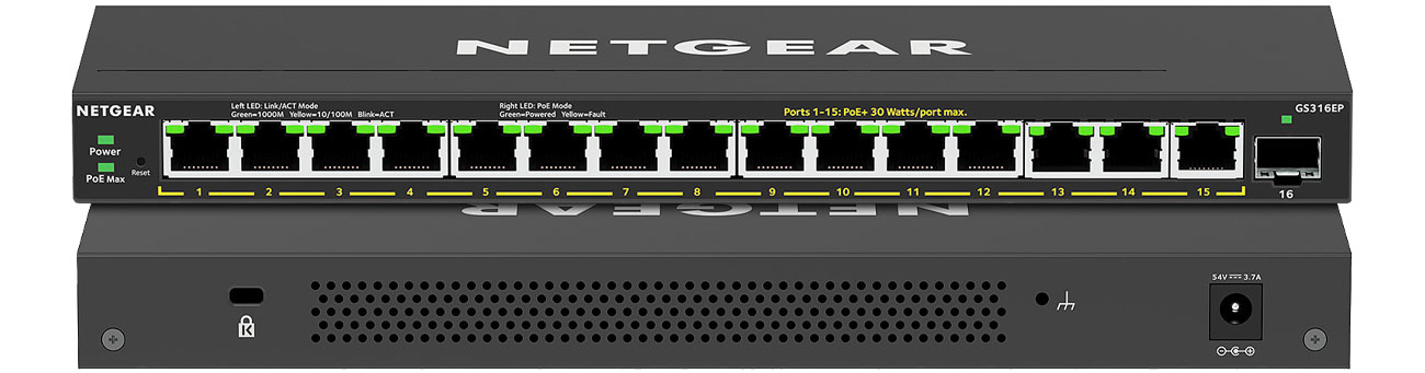 Netgear GS316EP спереди, сзади