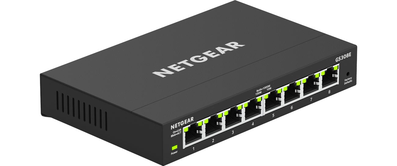 Перемикач Netgear GS308E - спереду, ззаду